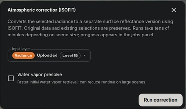 ISOFIT dialog with radiance input, optional Water vapor presolve, and Run correction.